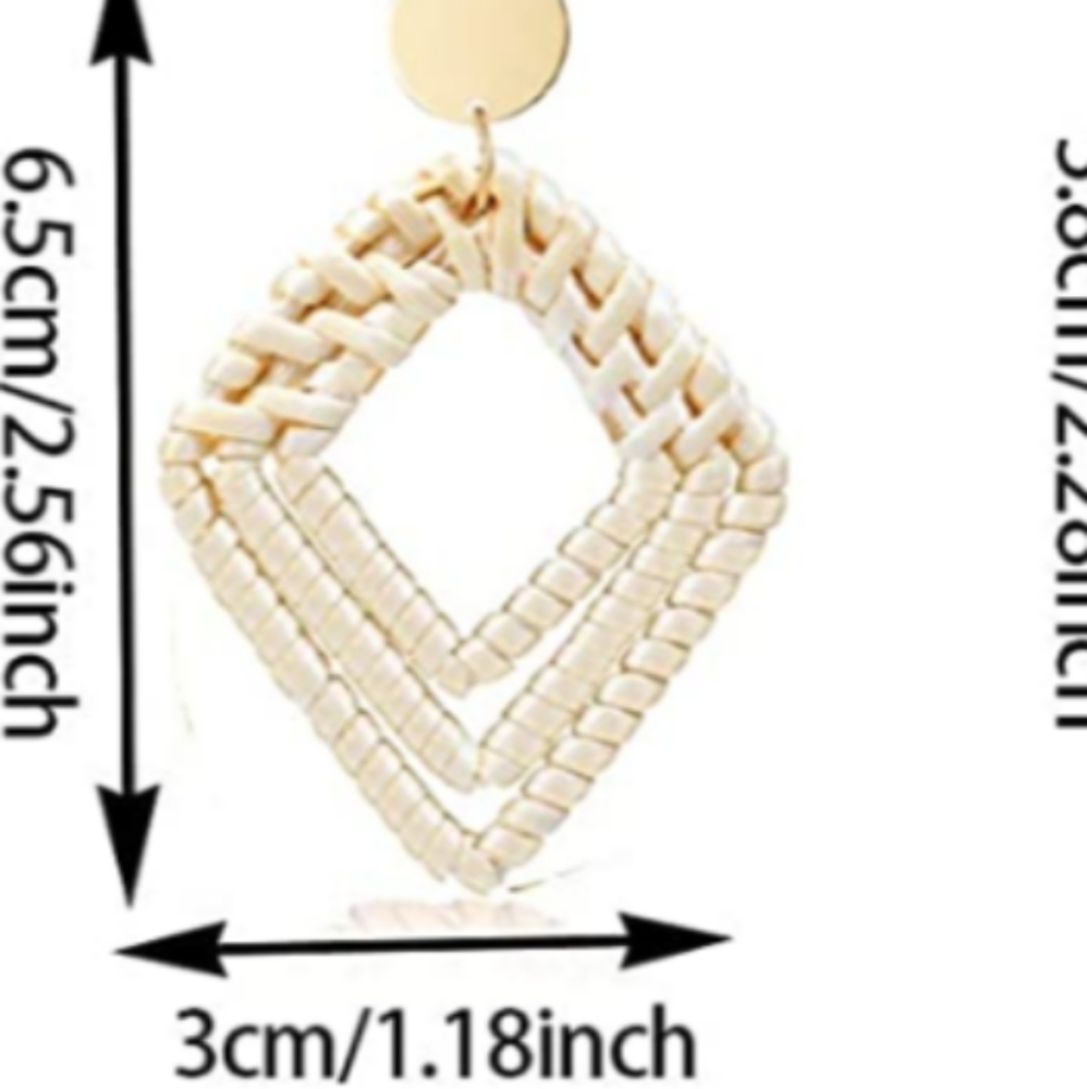 Handmade Boho Diamond Shaped Rattan Drop Earrings - Picture 3 of 6